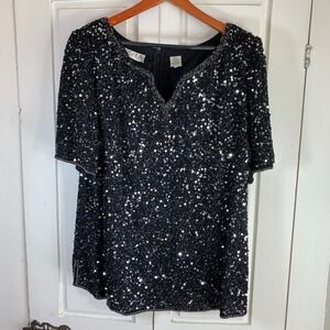 SCALA Black Beaded Sequin V Neck Short Sleeve Evening Top Blouse Plus Size‎ 2X